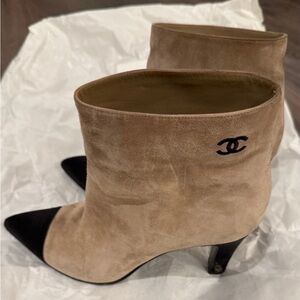 CHANEL Suede Beige and Black Ankle Booties